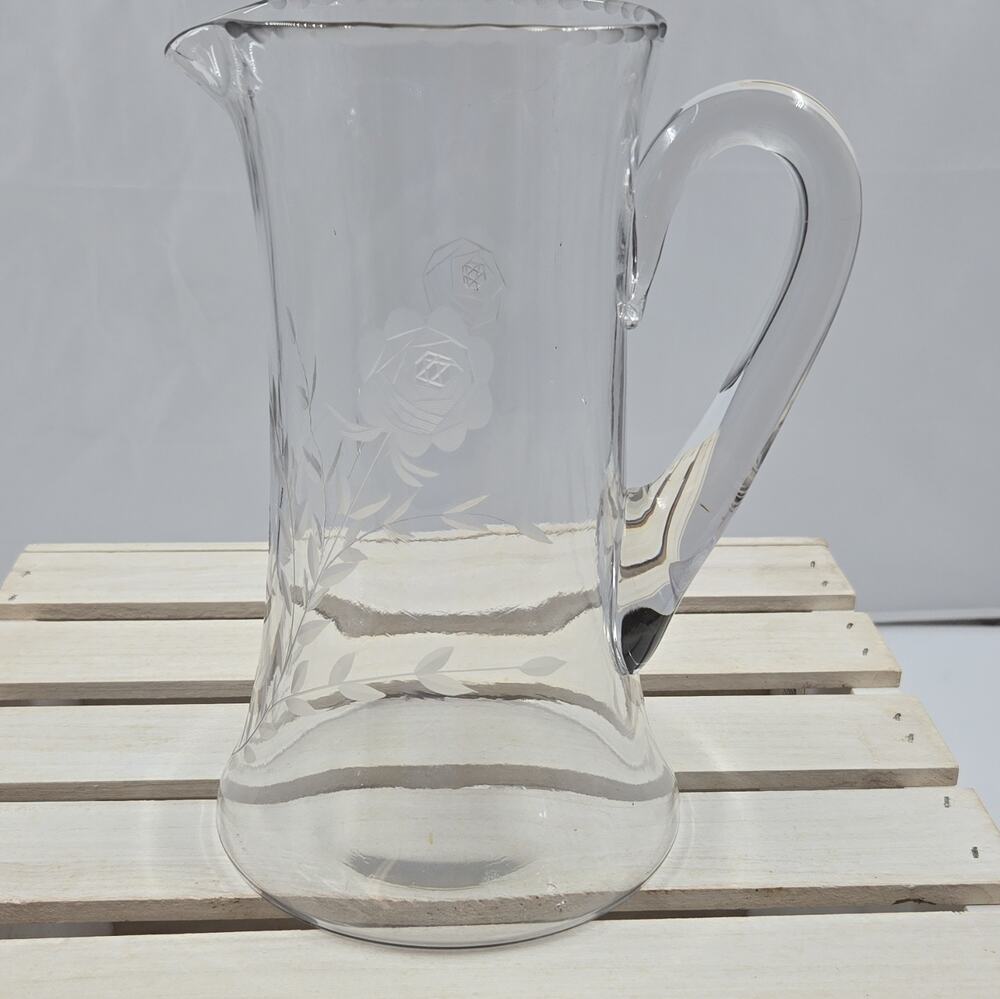 Vintage Tiffin-Franciscan clear blown-glass pitcher etched rose floral 3.5 pint